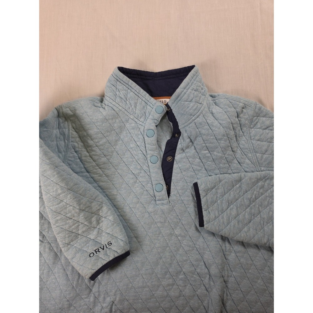 Orvis Sweater Womens Small Blue Quilted Snap Henley Mock Neck Pullover Knit